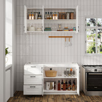 60" White Kitchen Sideboard Buffet Pantry Cabinet with Wall-Mounted Upper Storage Cabinet, 3 Drawers and Double Base Doors