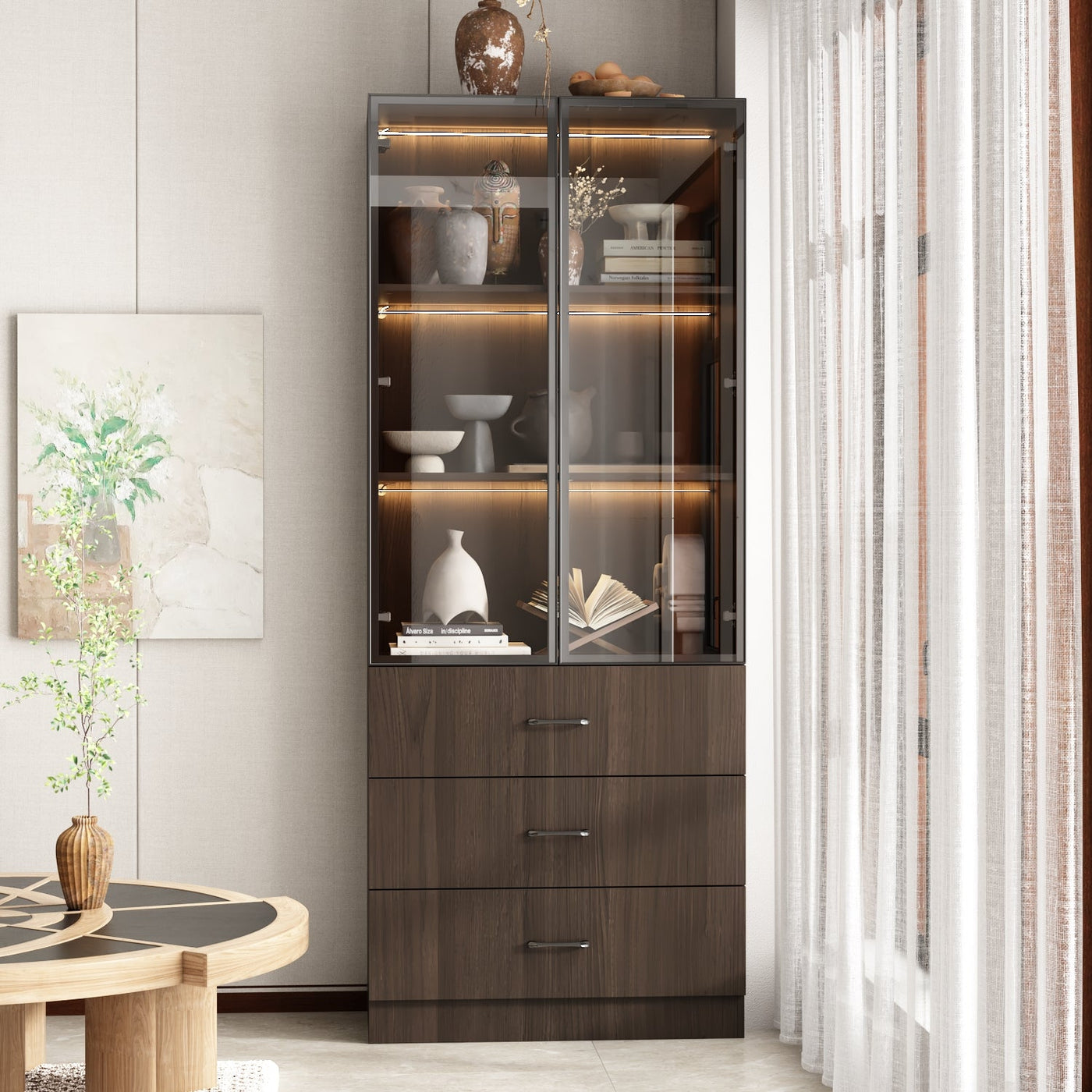 Geyma 31.5" Modern Brown Display Cabinet with Glass Doors, LED Lights and 3 Drawers
