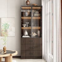 Geyma 31.5" Modern Brown Display Cabinet with Glass Doors, LED Lights and 3 Drawers