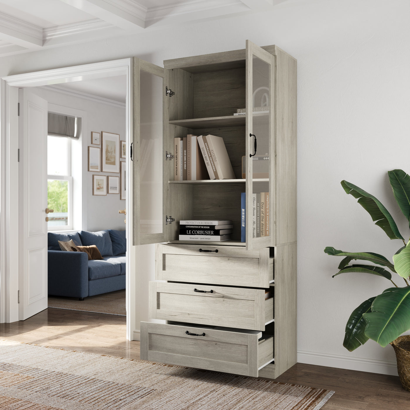 31.5" Farmhouse White Display Bookcase with Glass Doors & 2 Drawers