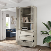 31.5" Farmhouse White Display Bookcase with Glass Doors & 2 Drawers