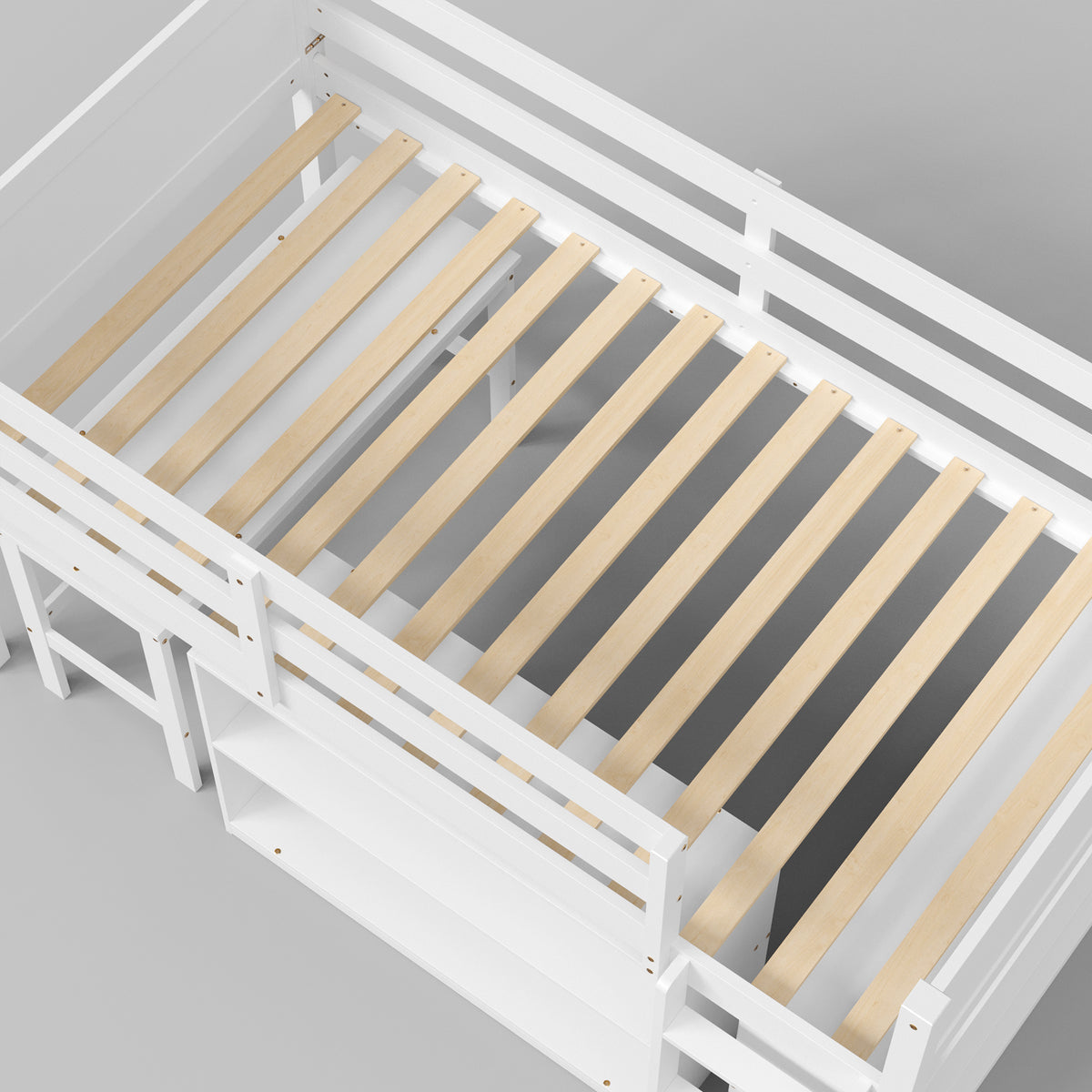 White kids loft bed with built-in desk, shelves, ladder, and storage space