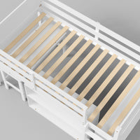 White kids loft bed with built-in desk, shelves, ladder, and storage space