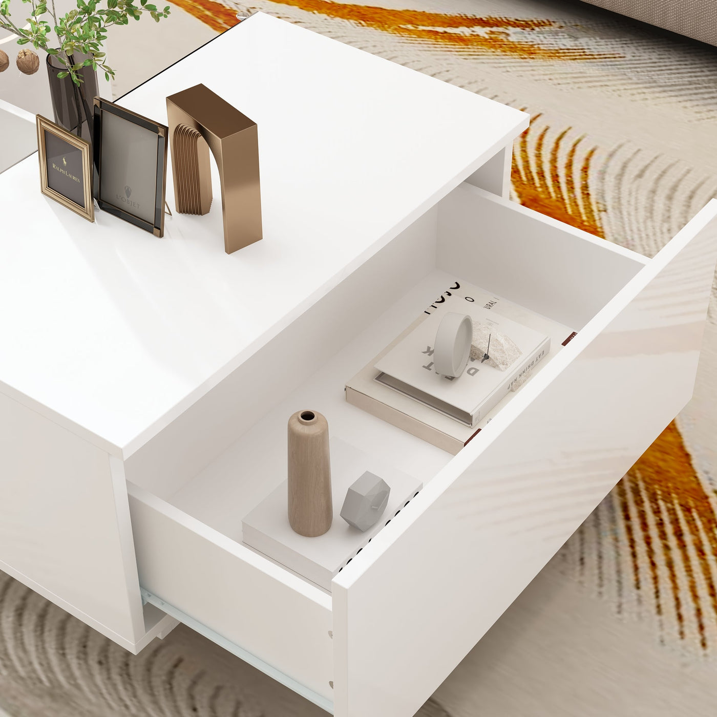 47.4" Modern Minimalist White Coffee Table with Storage And LED Lighting