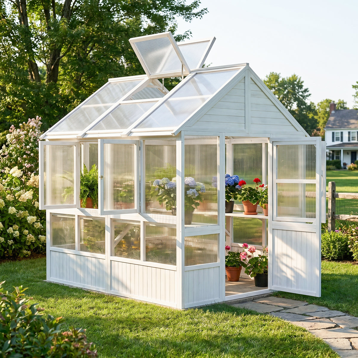 81" White Wood Outdoor Greenhouse with Polycarbonate Panels, Adjustable Roof Vents & Reinforced Frame