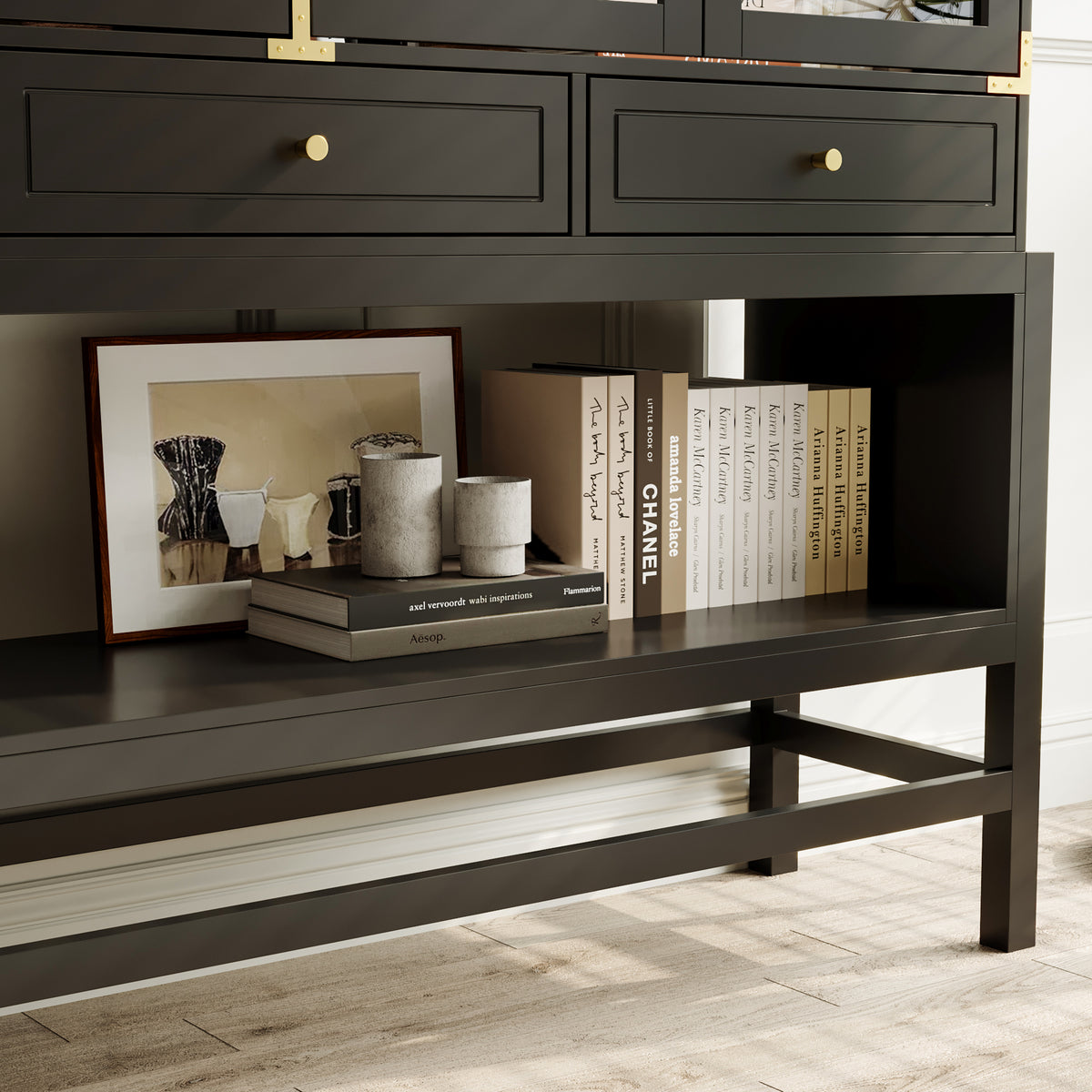 66" Modern Black Display Bookcase with Open Shelves, Glass Doors and 3 Drawers