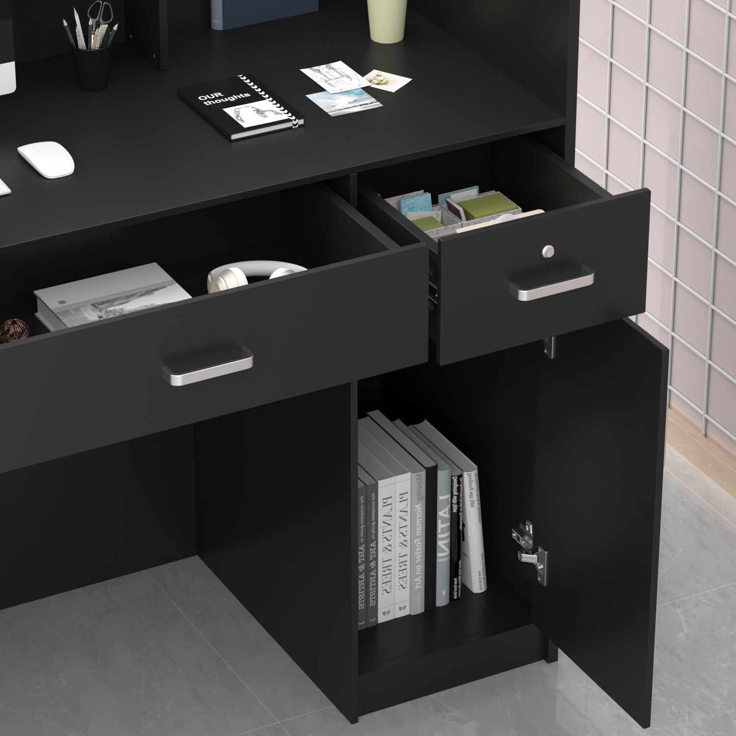 Modern Wooden Reception Desk Computer Table with Filing Cabinet Lockable Storage 47"W