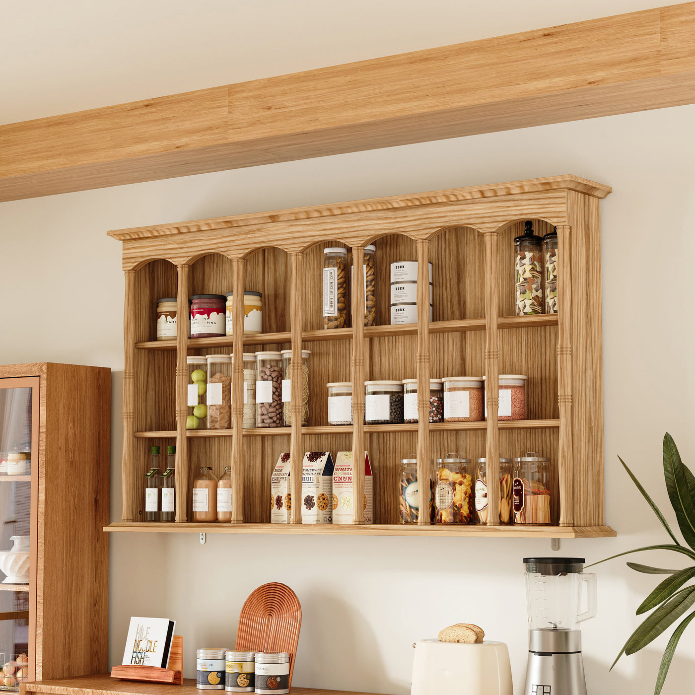 Wood wall cabinet with glass doors and open cubby shelves
