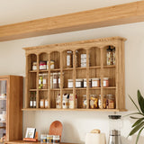 Wood wall cabinet with glass doors and open cubby shelves