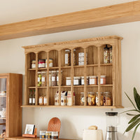 Wood wall cabinet with glass doors and open cubby shelves