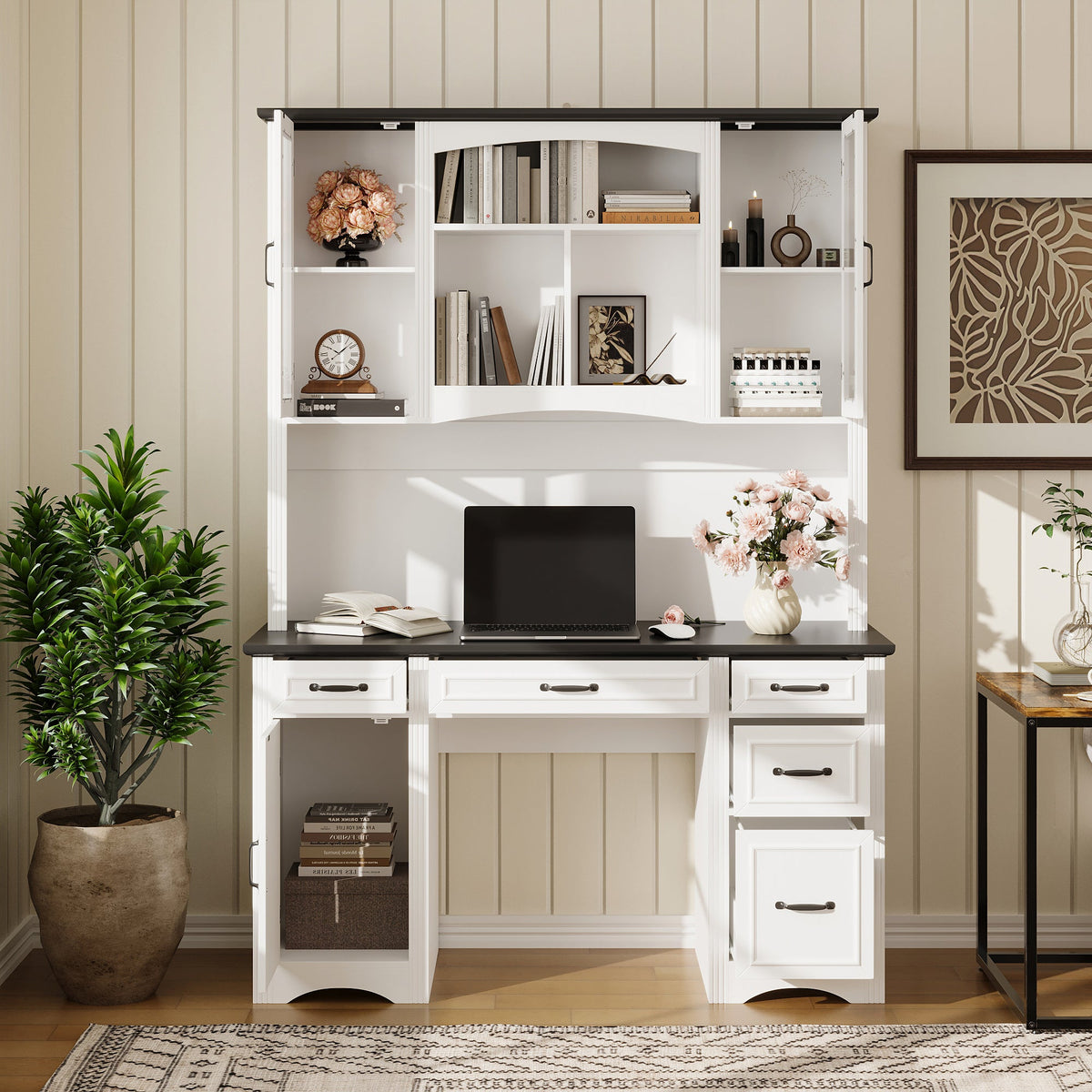 58" Farmhouse White Computer Desk With 6 Drawers, Hutch And Socket