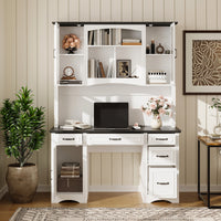 58" Farmhouse White Computer Desk With 6 Drawers, Hutch And Socket