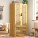 Wooden Wardrobe Armoire with 2 Doors 2 Drawers Bedroom Closet with Hanging Rod Storage Drawers