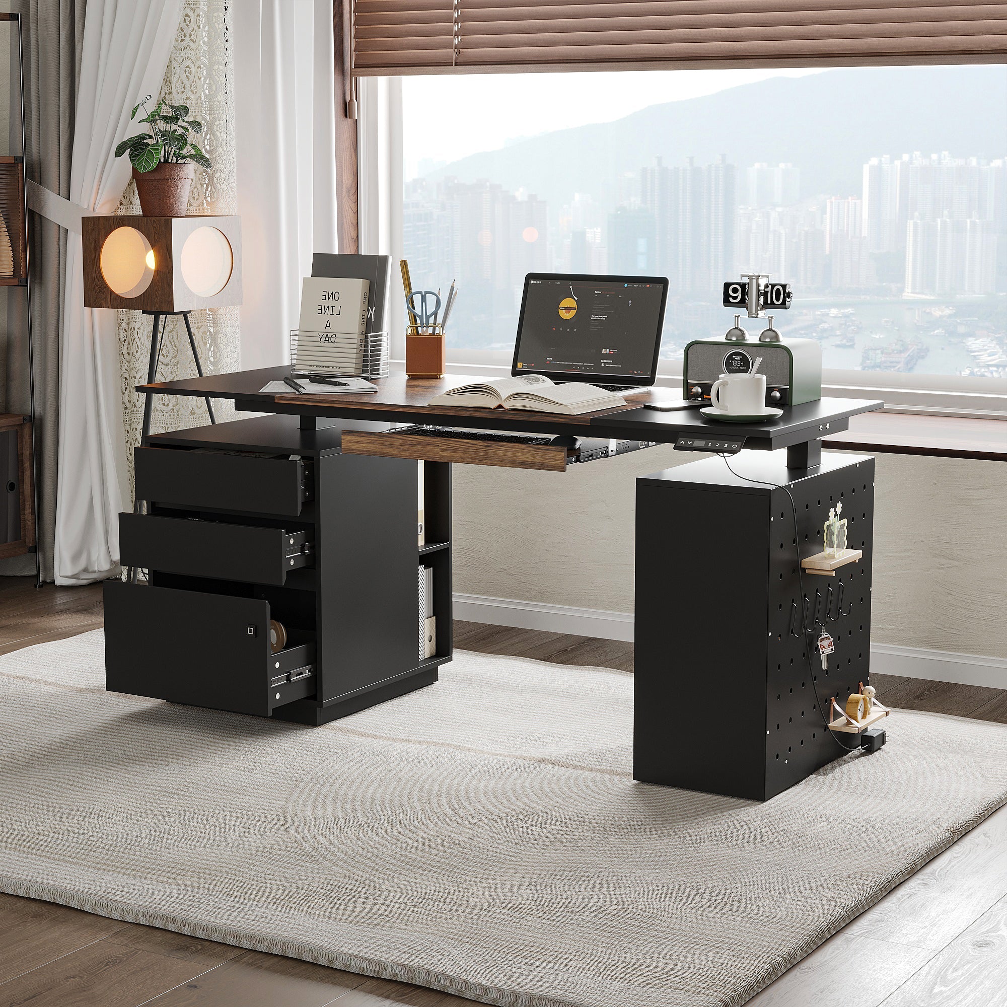 Modern Electric Height Adjustable Desk With Dual Storage Modules And Pegboard Organizer