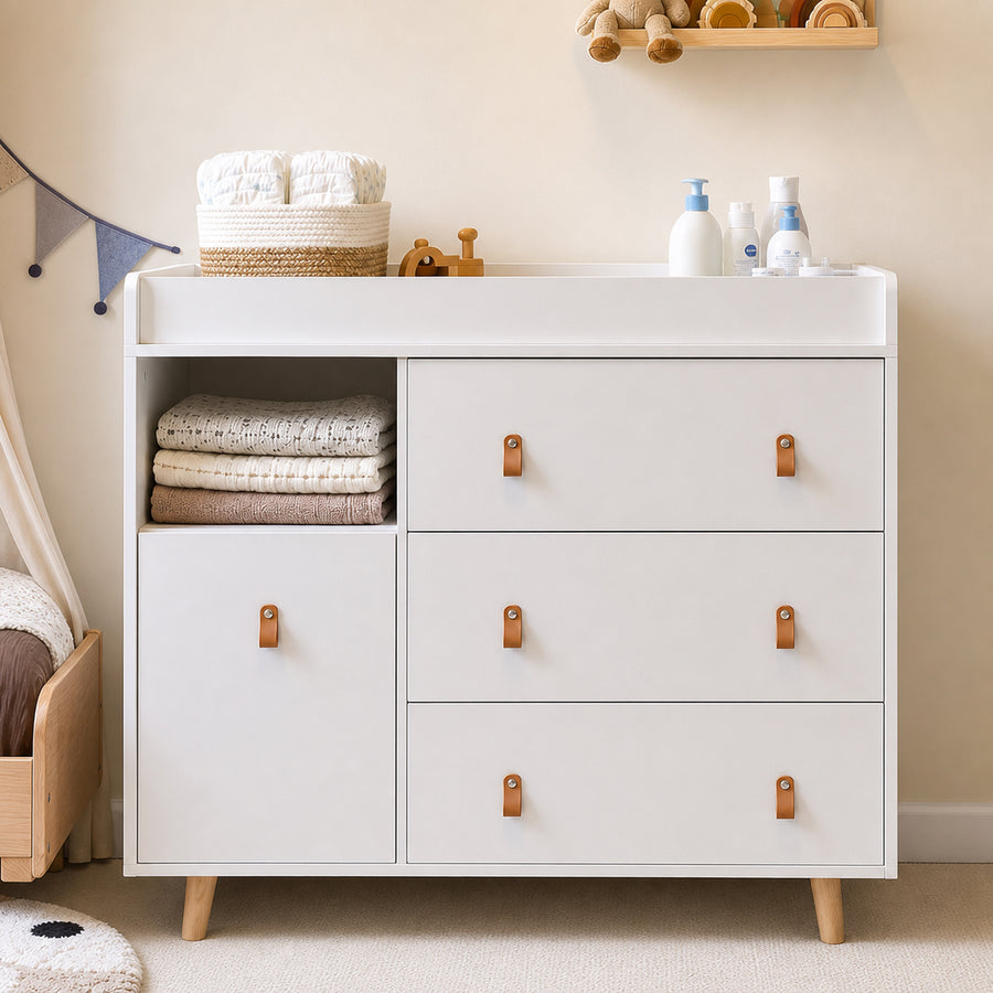 44.9" Modern Minimalist White/Wood 4-Drawer Nursery Changing Table Dresser