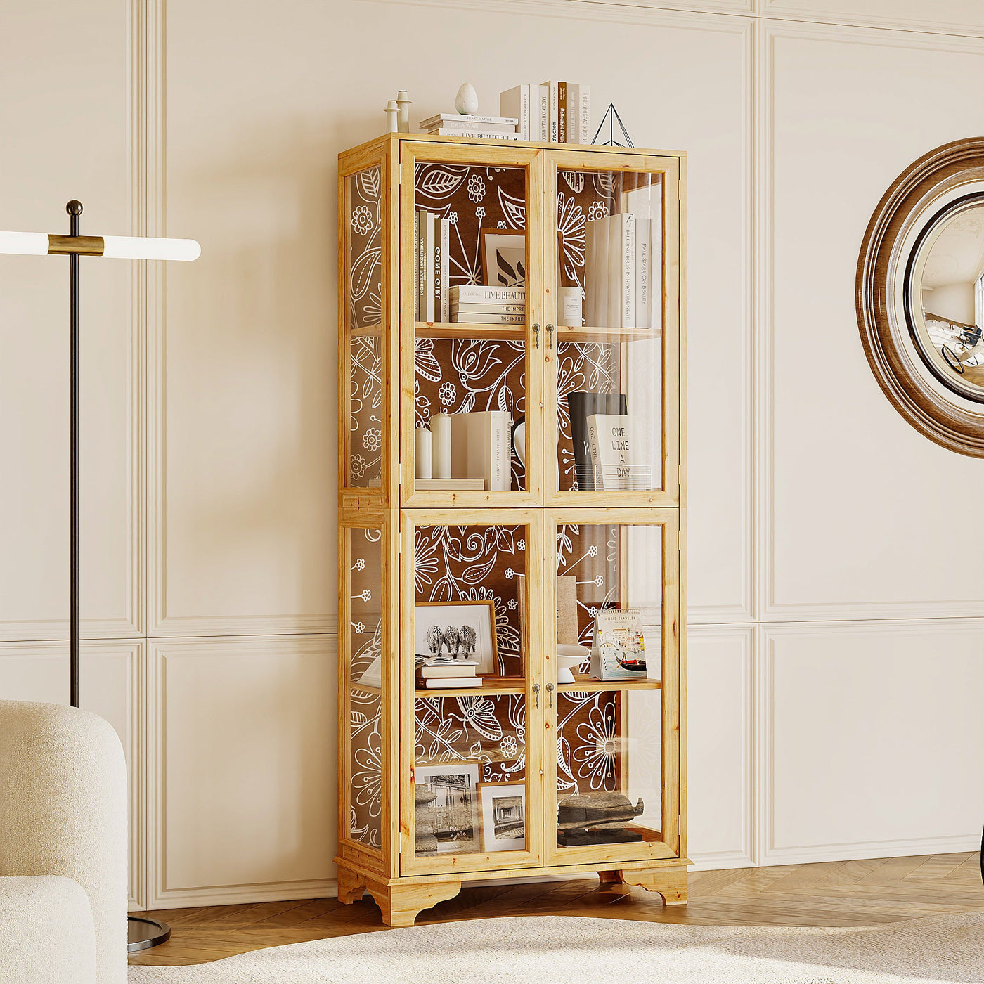 74.2" Traditional Natural China Cabinet With Lights And Floral-etched Glass Doors