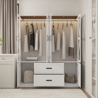63" Modern Natural Wardrobe with 3-Color Lights and Glass Doors