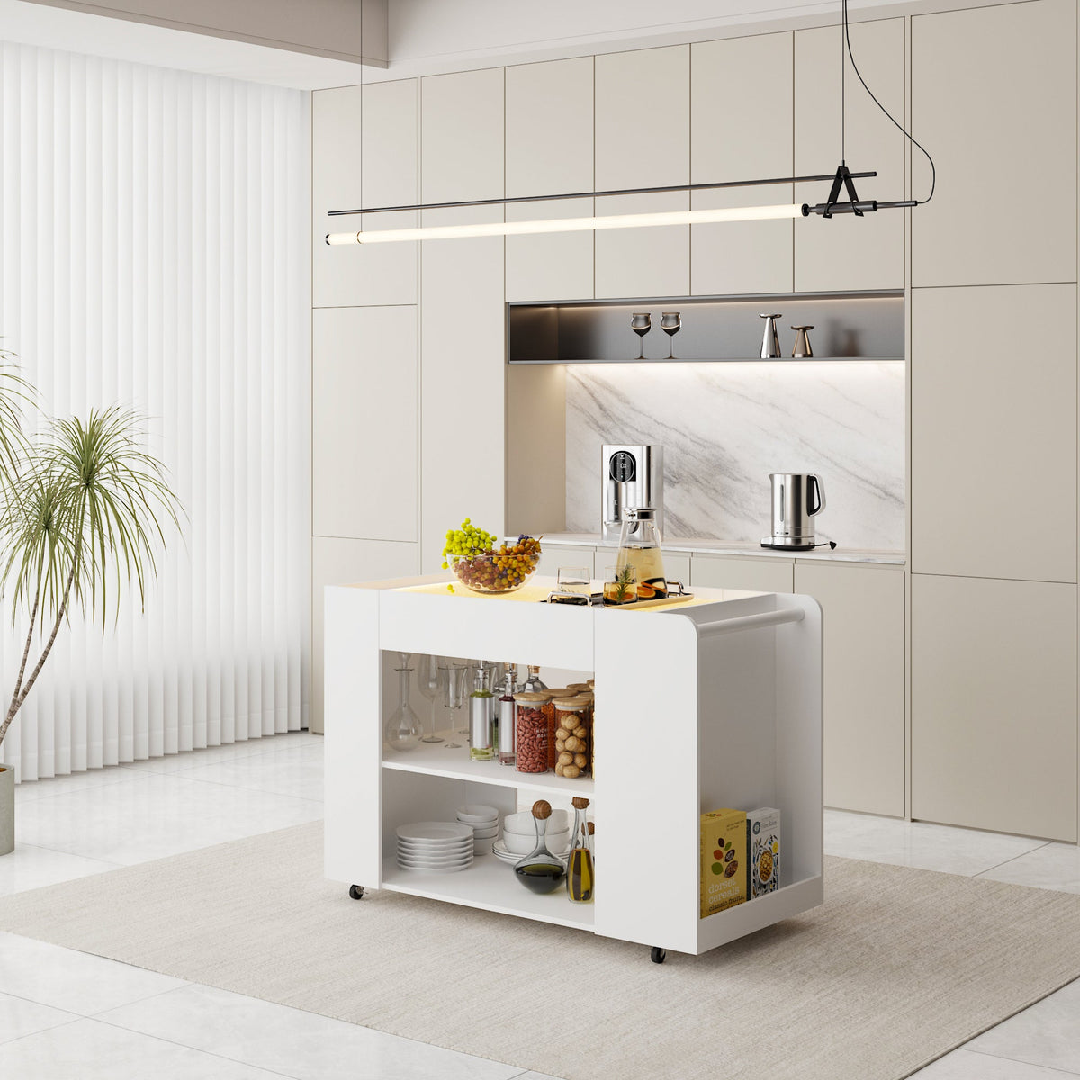 47.8" Rolling Kitchen Island Cart with Glass Top and Light
