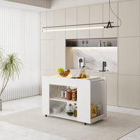 47.8" Rolling Kitchen Island Cart with Glass Top and Light