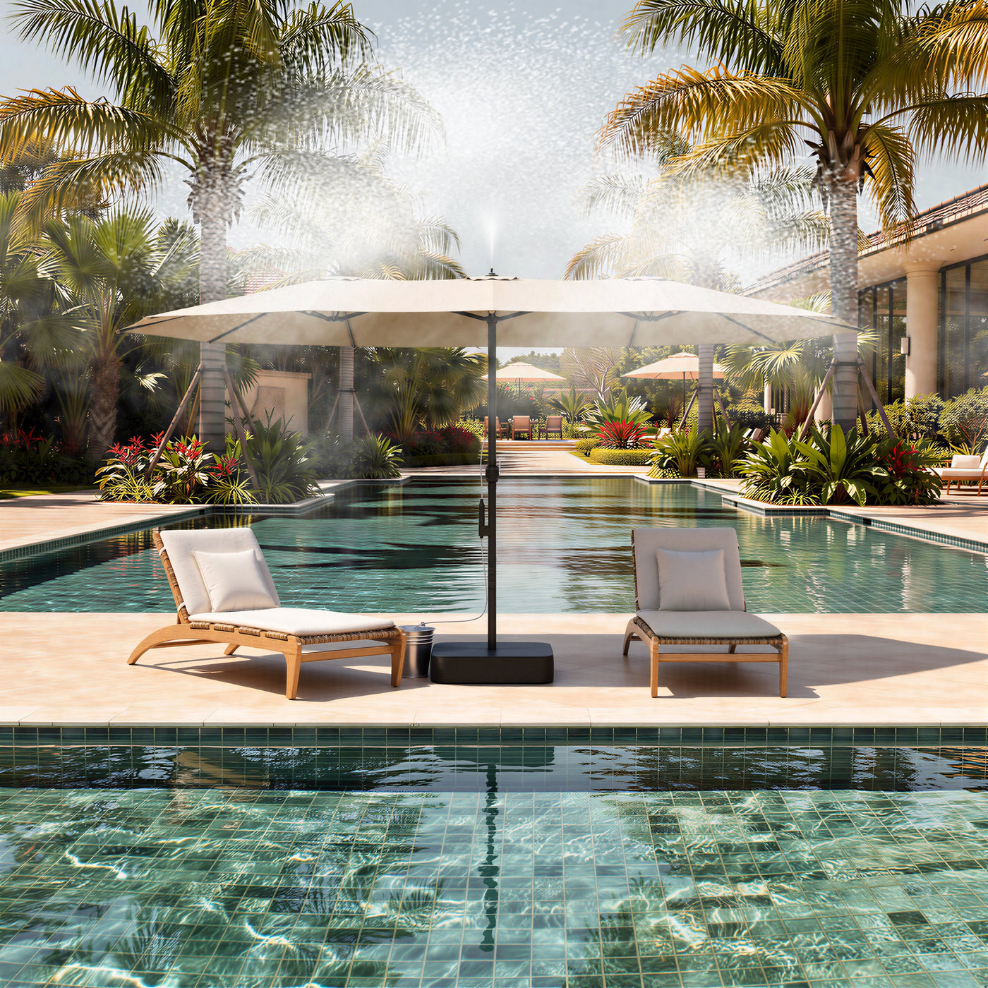 118" Double-Sided Patio Umbrella with Misting System  and Base