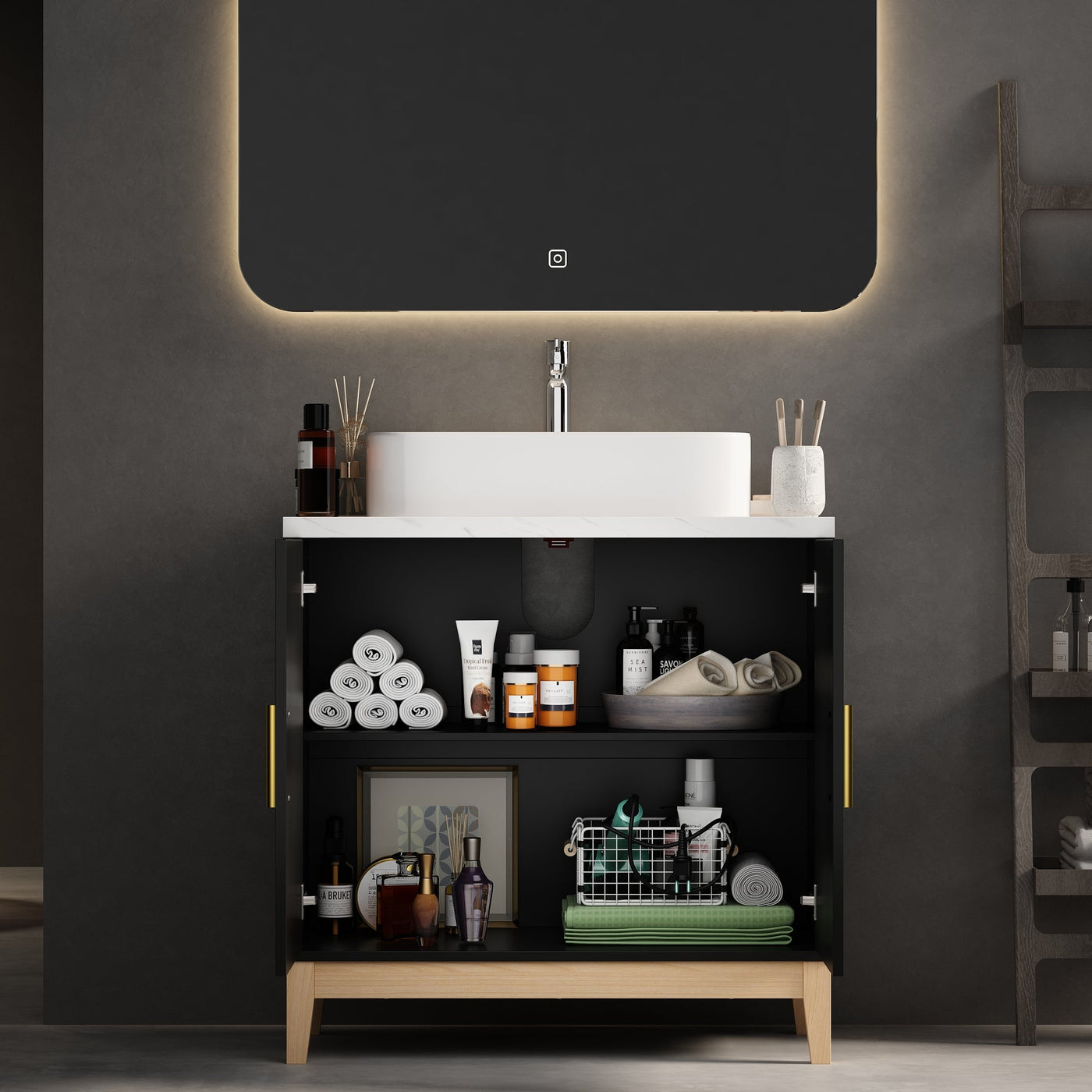 31.6" Modern Black Single Bathroom Vanity With Manufactured Wood Top And Interior Shelves