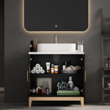 31.6 inches Modern Black Single Bathroom Vanity With Manufactured Wood Top And Interior Shelves