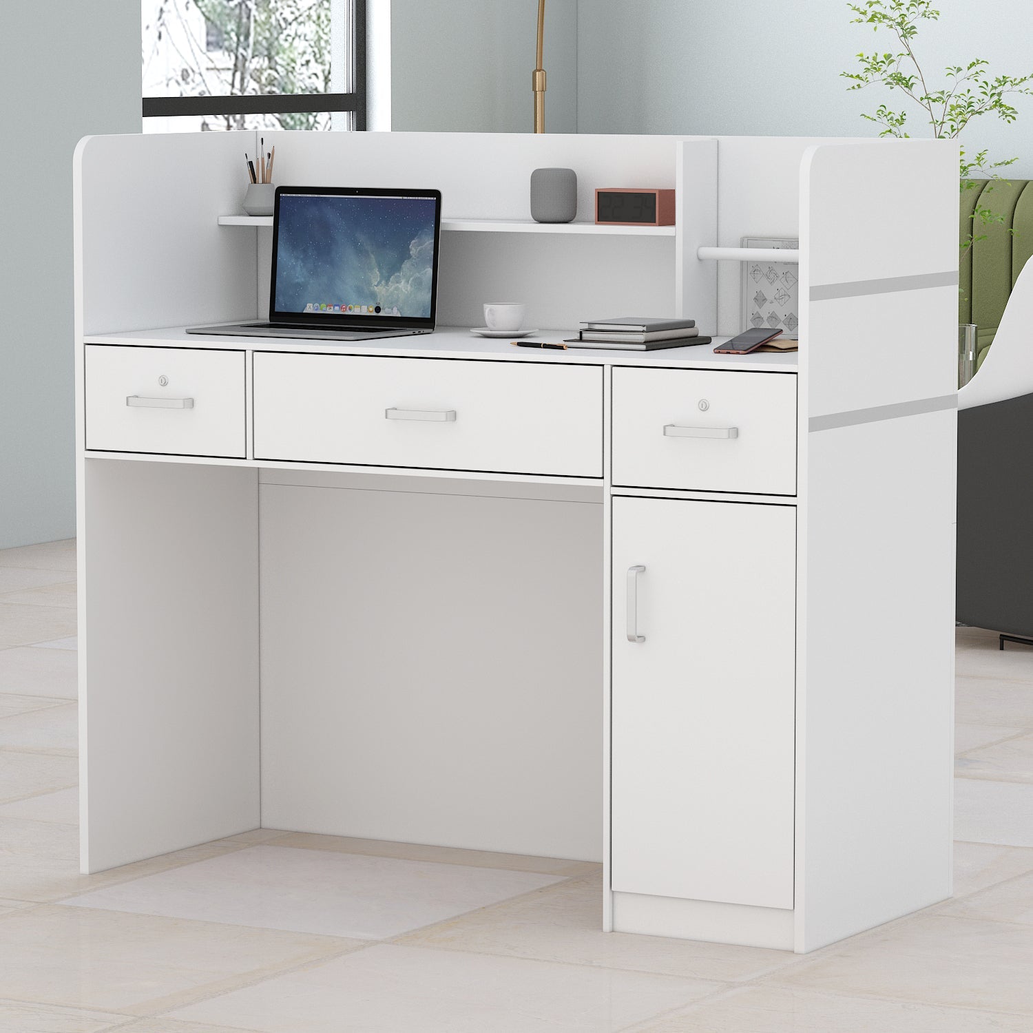 Modern Wooden Reception Desk Computer Table with Filing Cabinet Lockable Storage 47"W