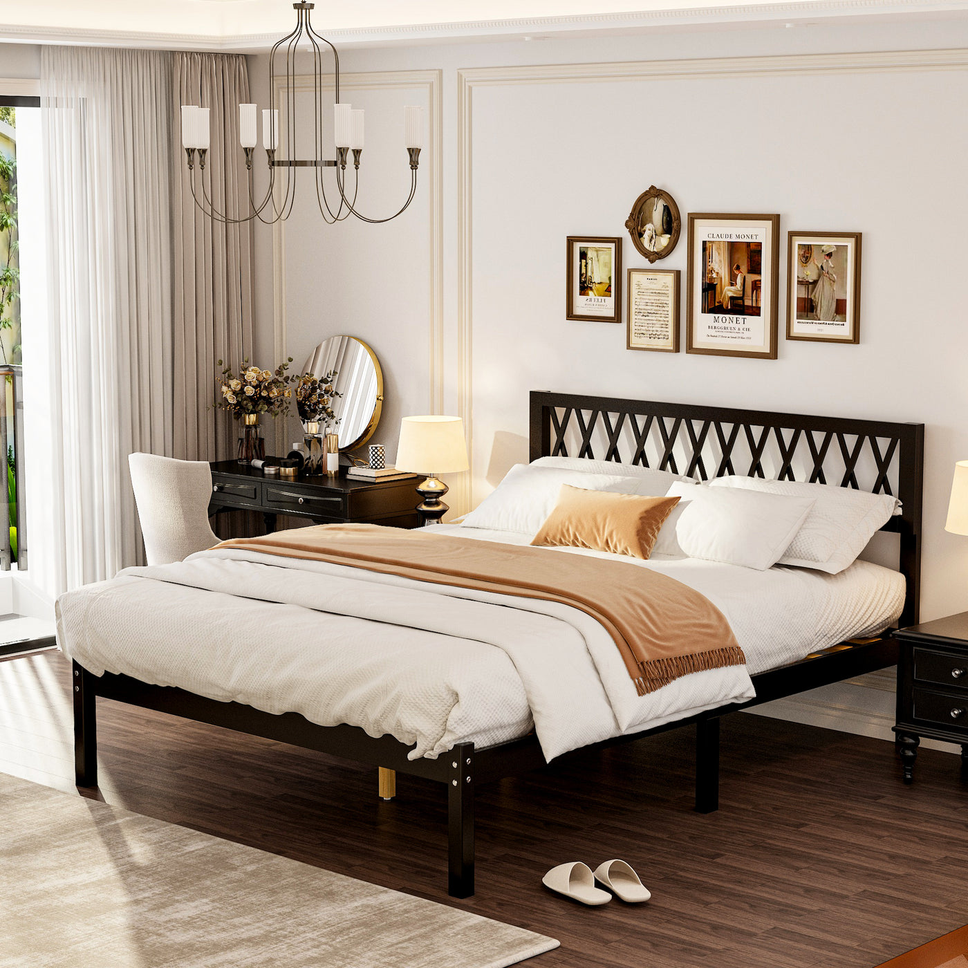63.2" Modern Brown Platform Bed with Ribbed Detailing