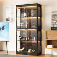 Modern black glass display cabinet with interior lighting in a room setting.