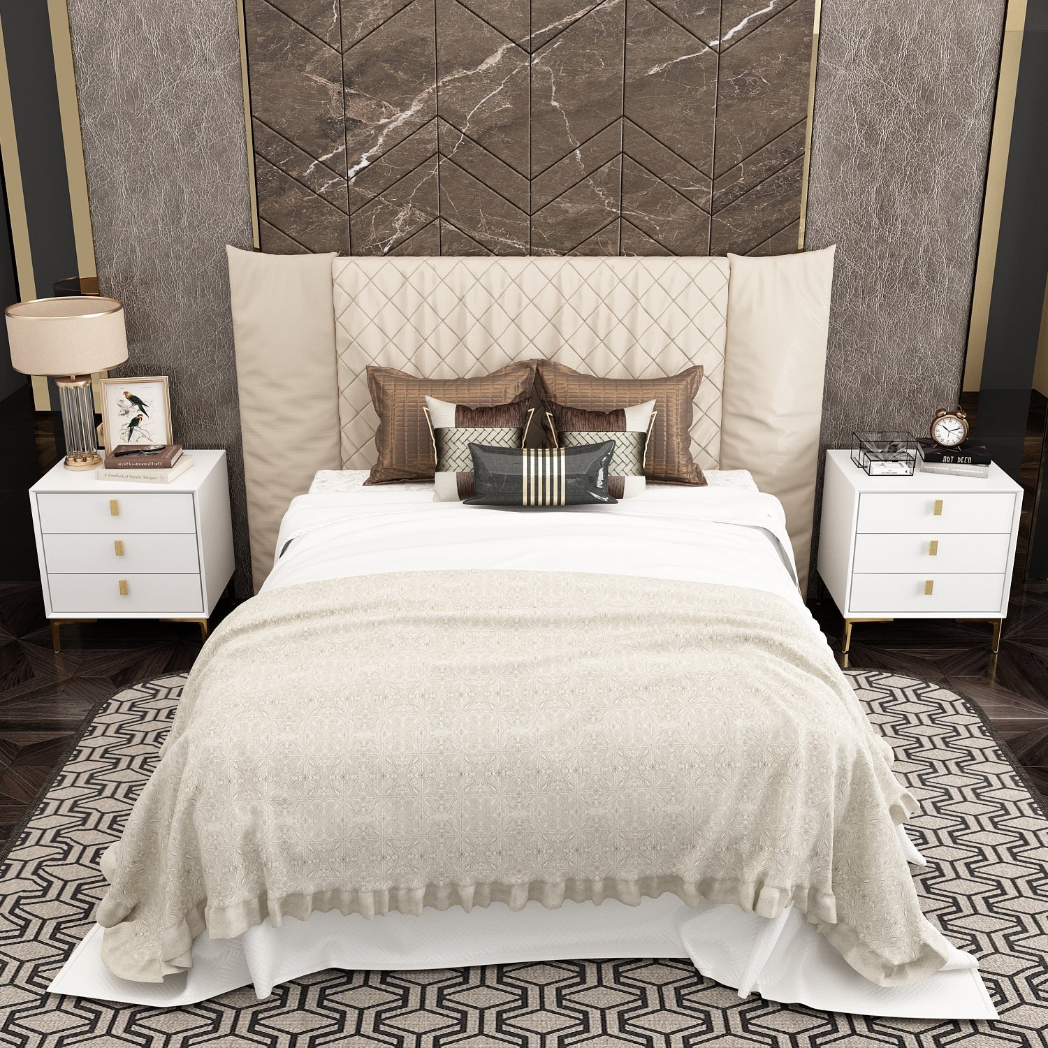 Nightstand Dresser Black End Table in Gold Metal Legs with 3 Drawers