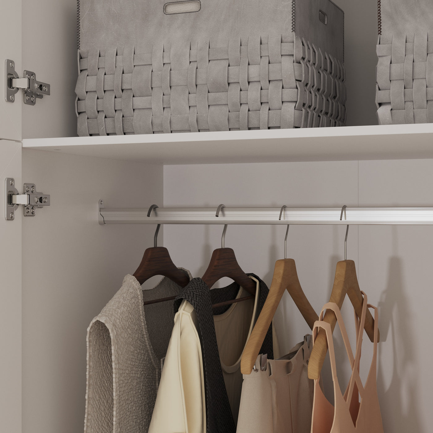 White armoire with mirror door, top cabinets, and lower drawers