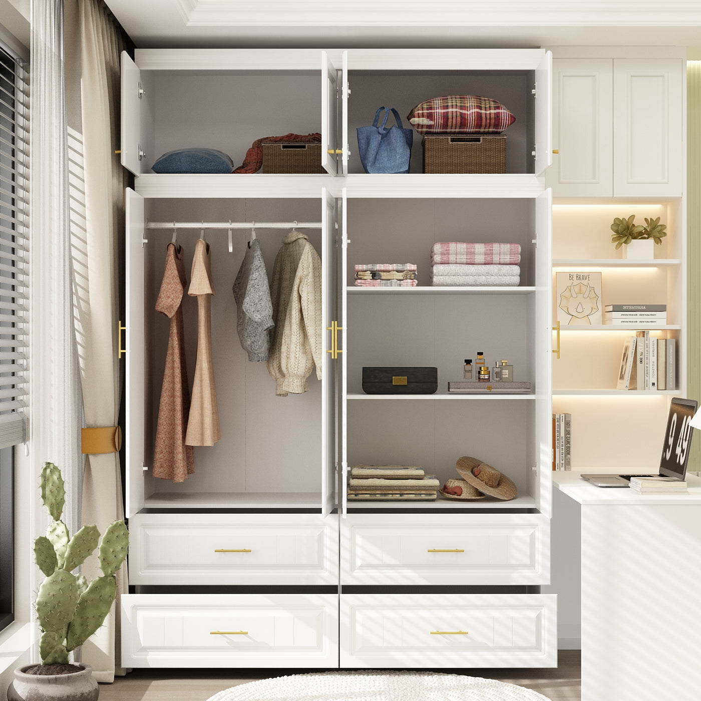 Family Cabinet Wardrobe Bedroom Armoire Home Closet 4 Doors and Drawers