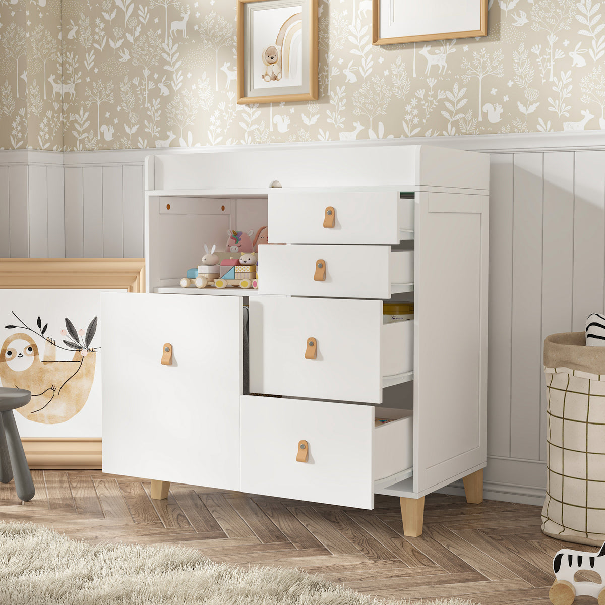 47.2 inch Modern White Changing Table Dresser with 3 Drawers & 2 Storage Cabinets