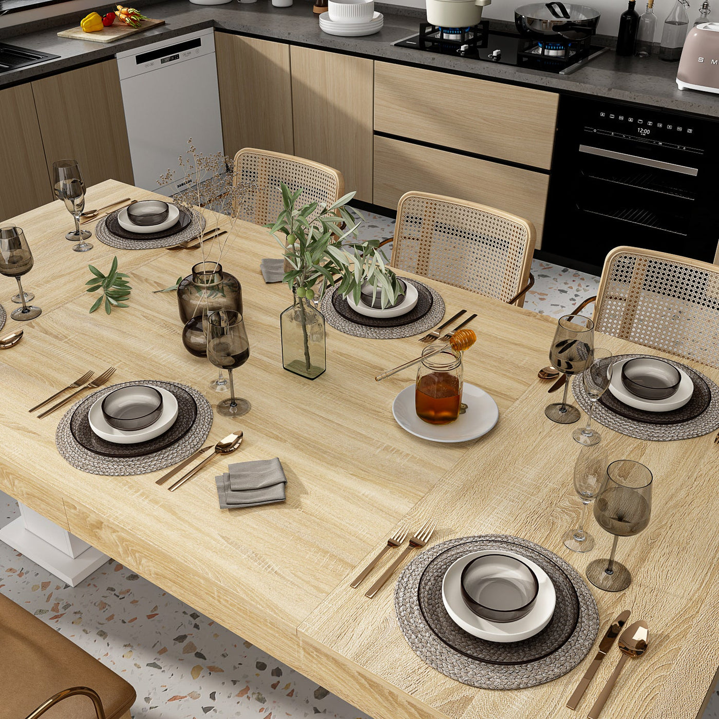 78.7" Modern Natural Rectangular Dinning Table With Two Marble Legs