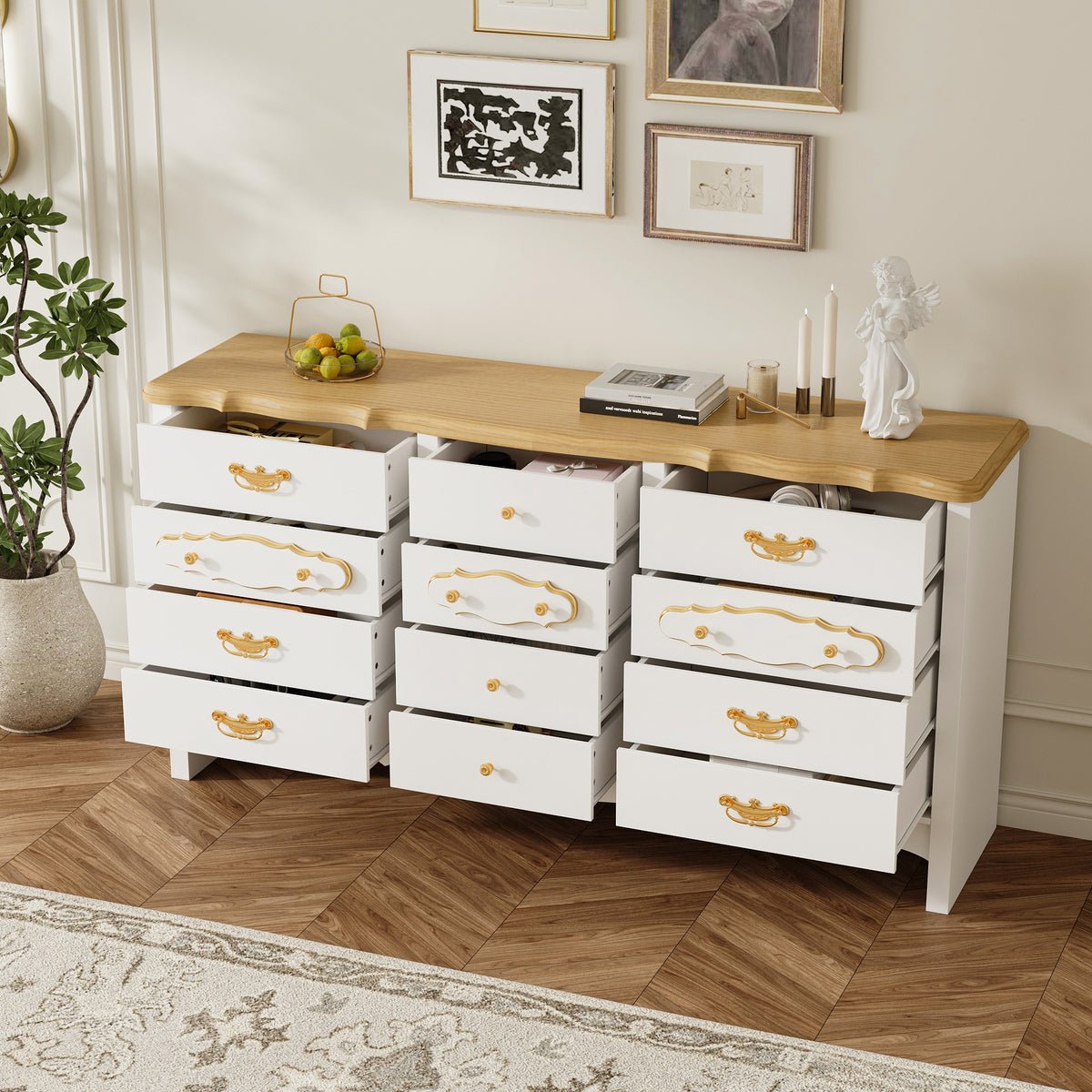 47.2" Elegant White 12-Drawer Accent Chest with Gold Handles