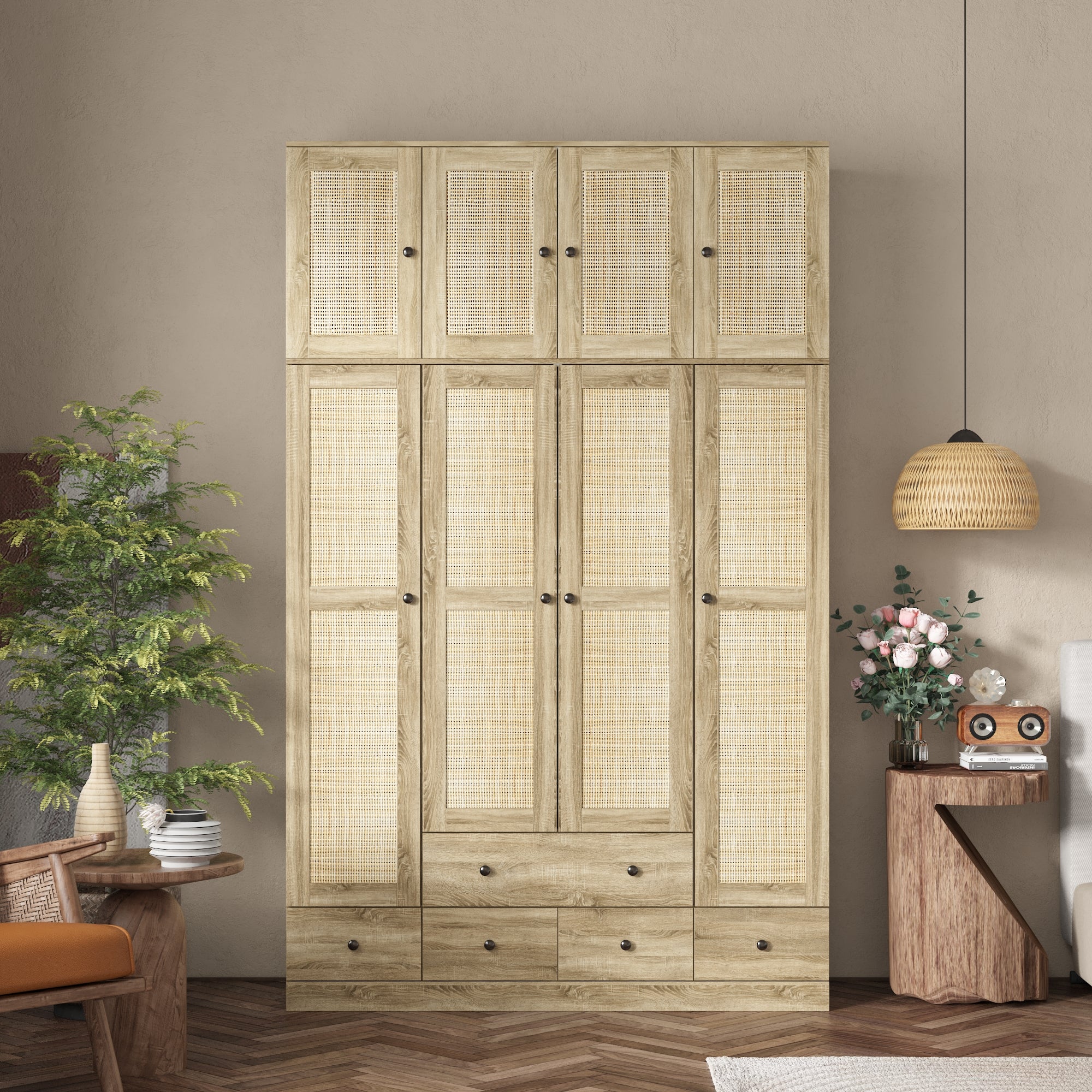 Rustic Four-Door Wardrobe With Rattan Paneling And Six-Drawer Storage