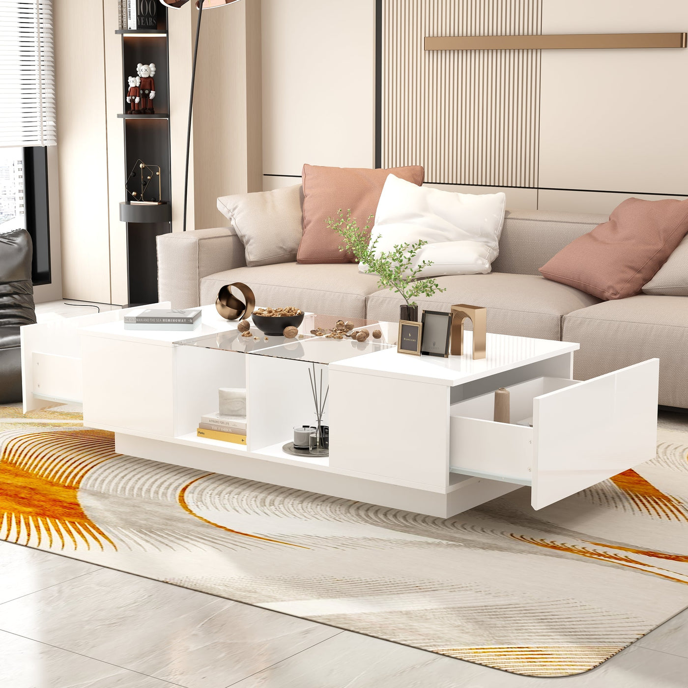 47.4" Modern Minimalist White Coffee Table with Storage And LED Lighting