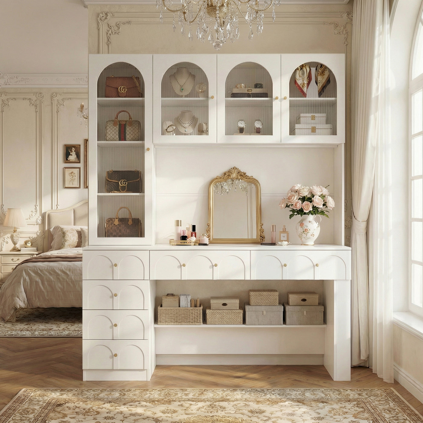 63" Modern White Versatile Vanity Desk with Massive Storage and Arched Glass Doors