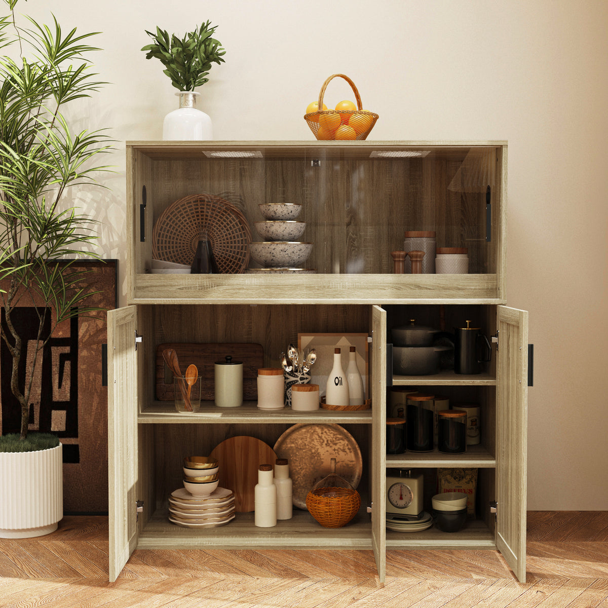 47.2 inch Modern Natural Wood Food Pantry Cabinet with Sliding Glass Doors & Ventilated Design