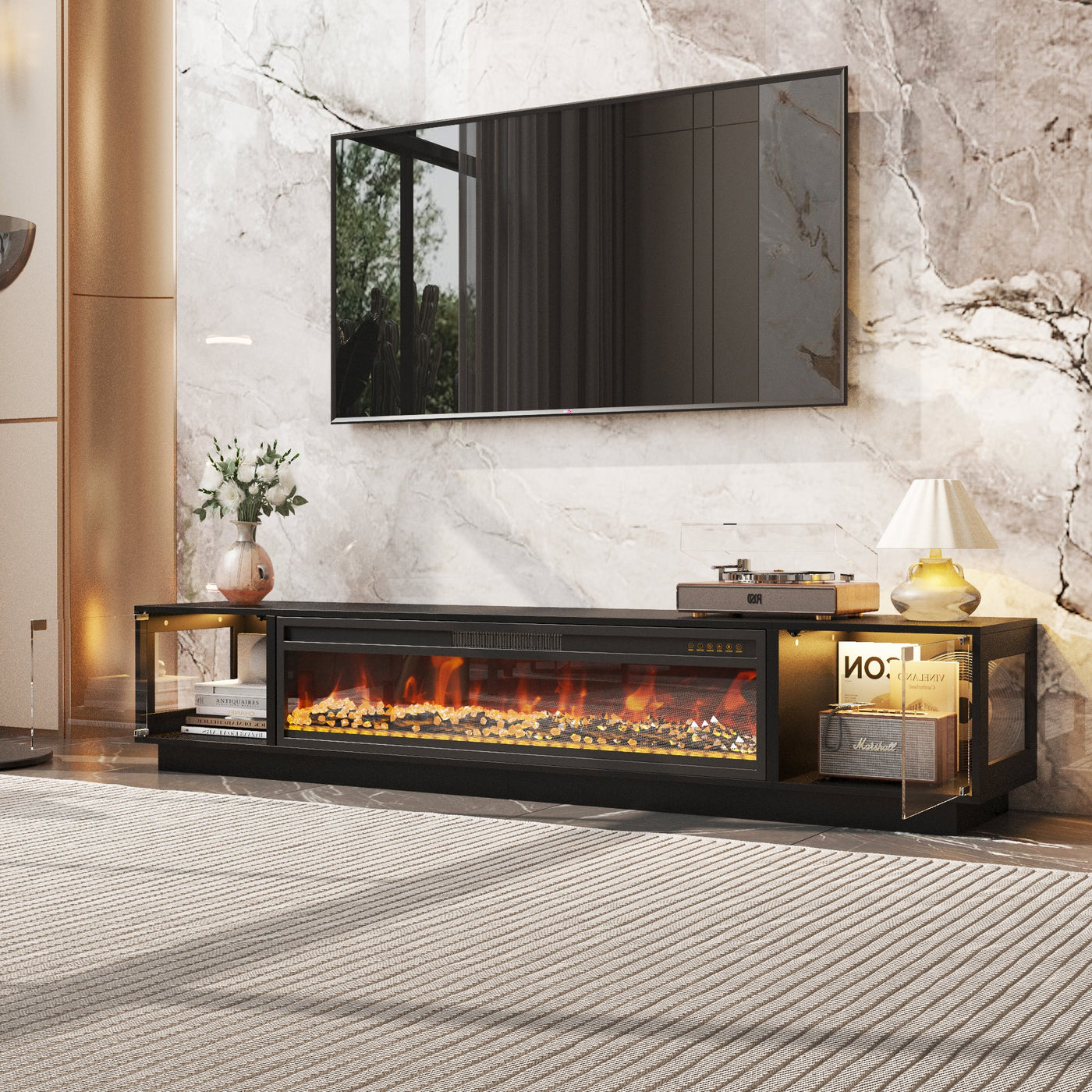 78.7" Modern Black TV Stand Media Console with Glass Doors