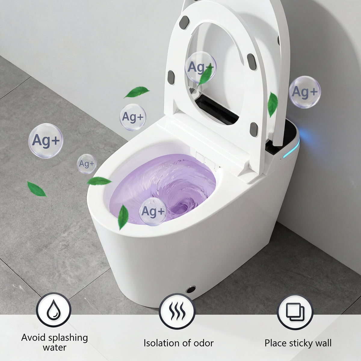 White smart toilet with compact one-piece design and side control knob