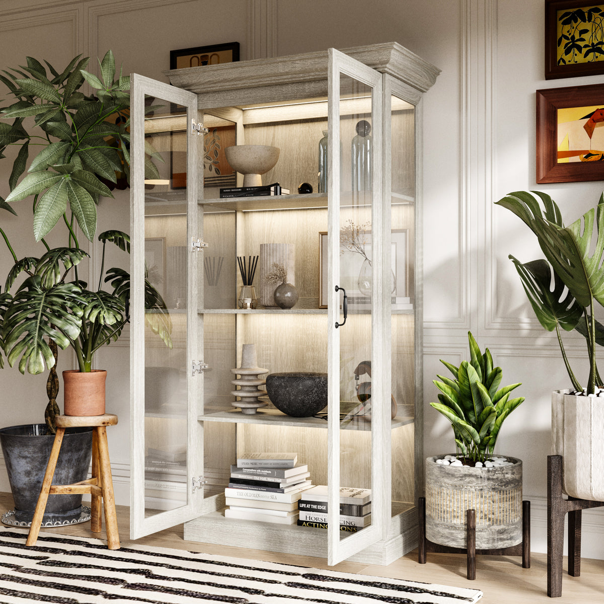 37" Modern 4-Tier Display Bookcase with Glass Doors and Lights
