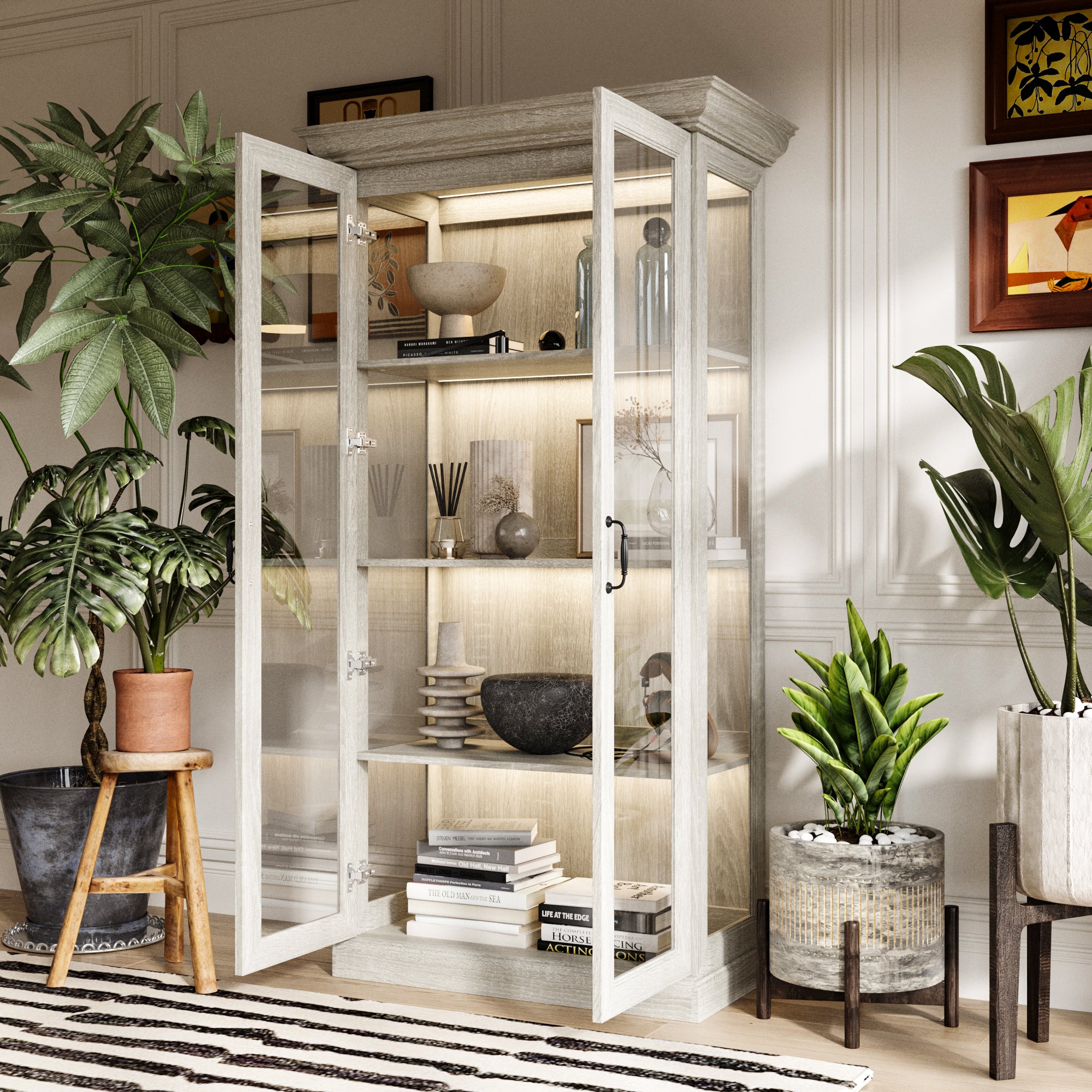 37" Modern 4-Tier Display Bookcase with Glass Doors and Lights