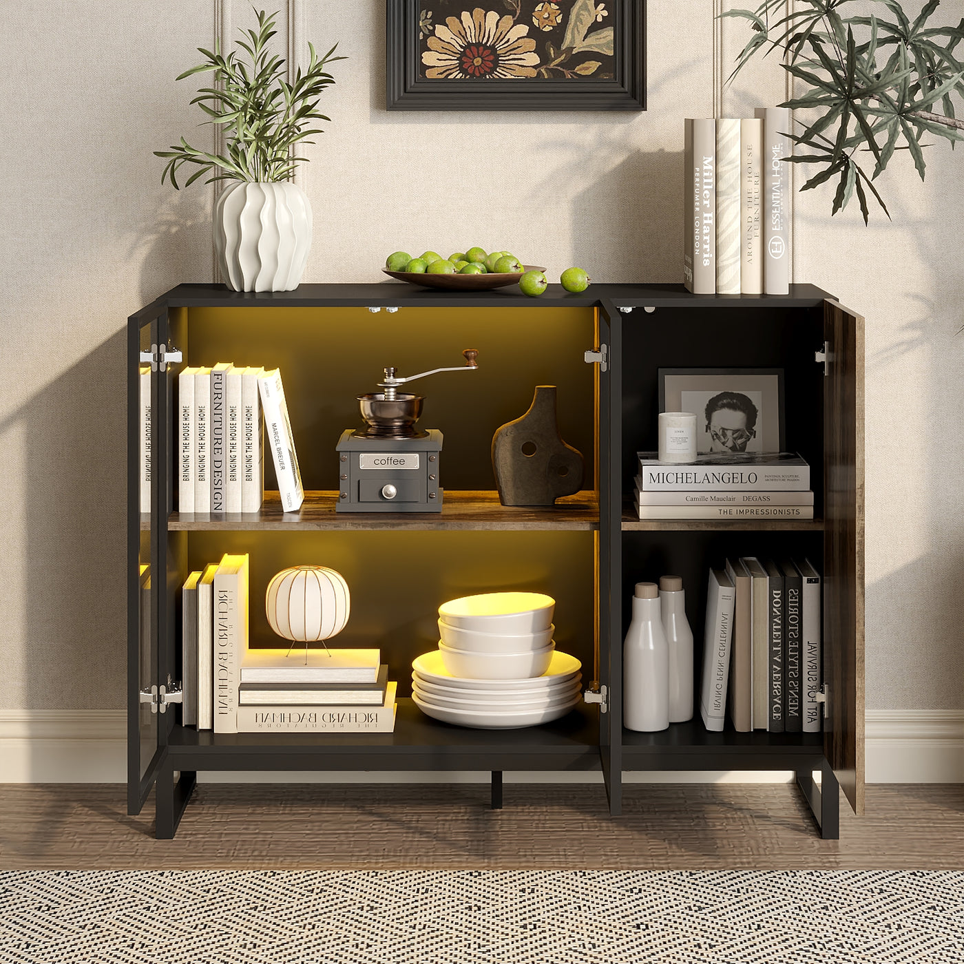 47.2" Black Sideboard Buffet Cabinet with LED Lights and Glass Doors
