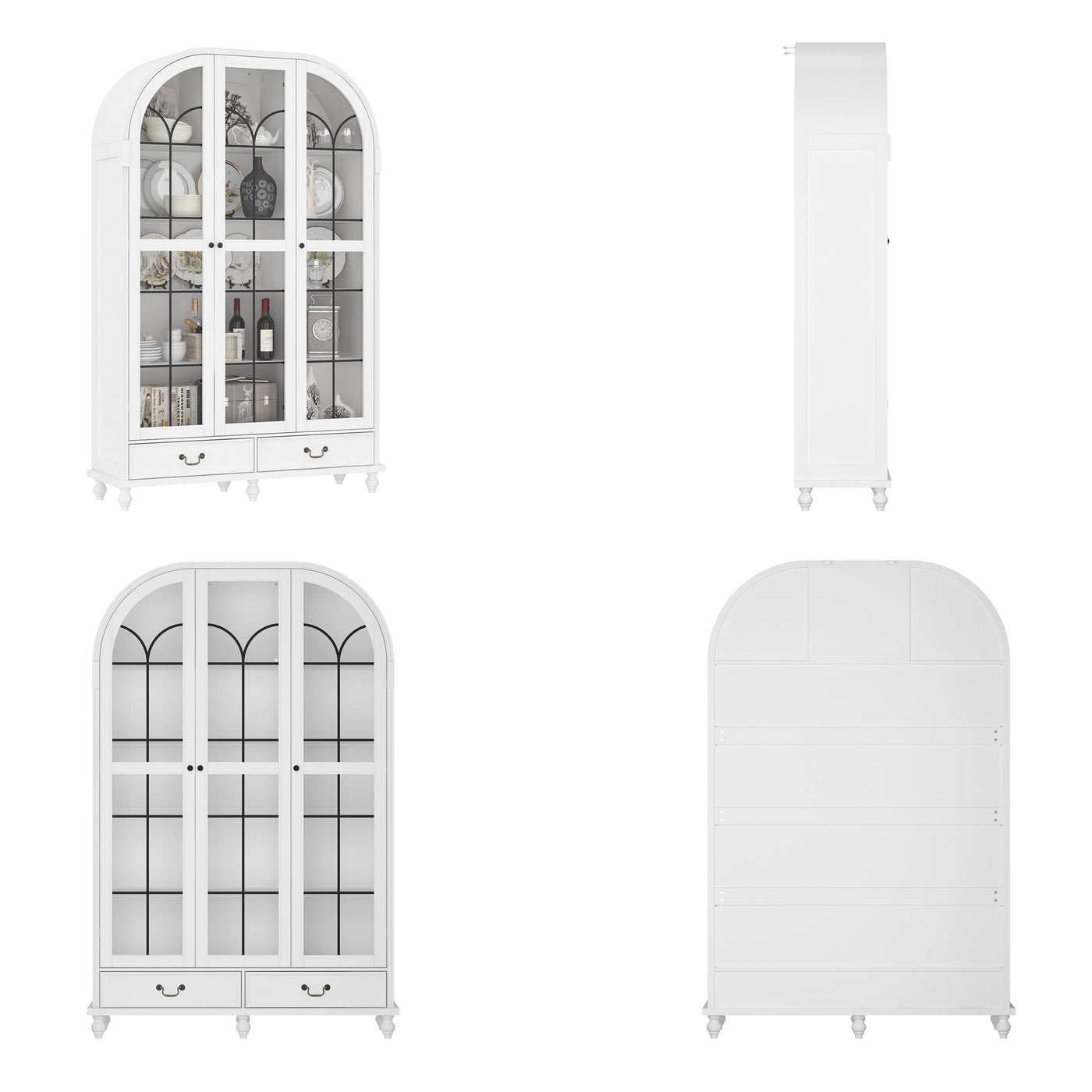 50" Modern Classic White Arched 5-Tier Bookcase With Glass Doors And Drawers