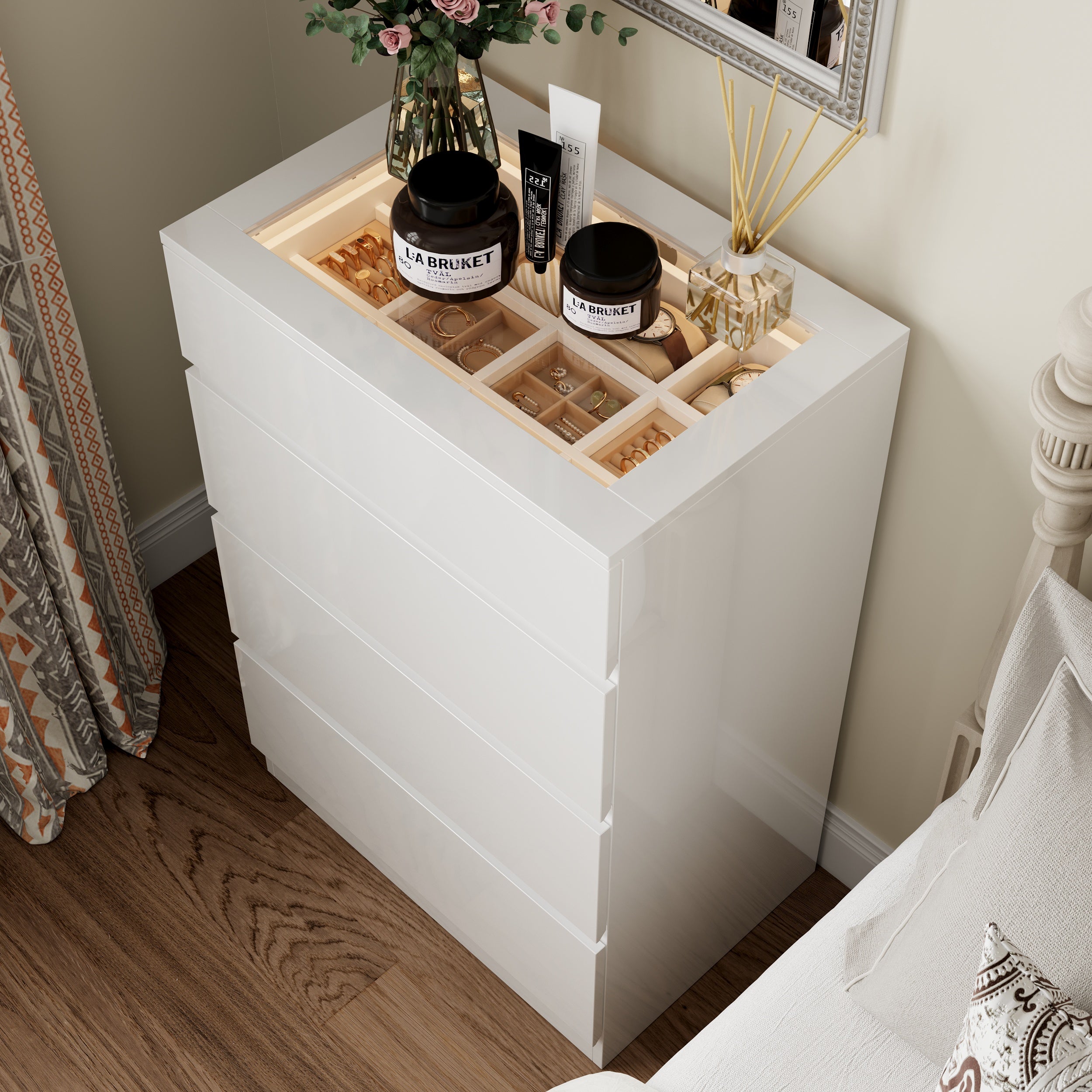 White dresser with jewelry organizer top and 4 drawers