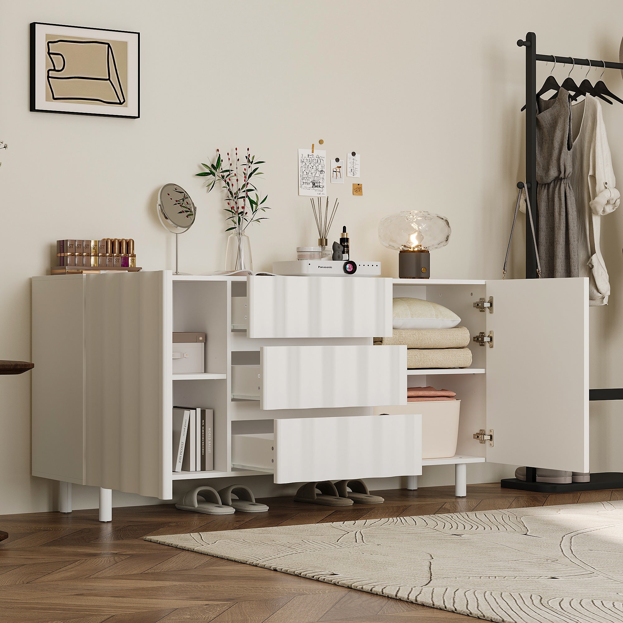 61" Wide White Accent Cabinet With 3 Drawers & 2 Doors