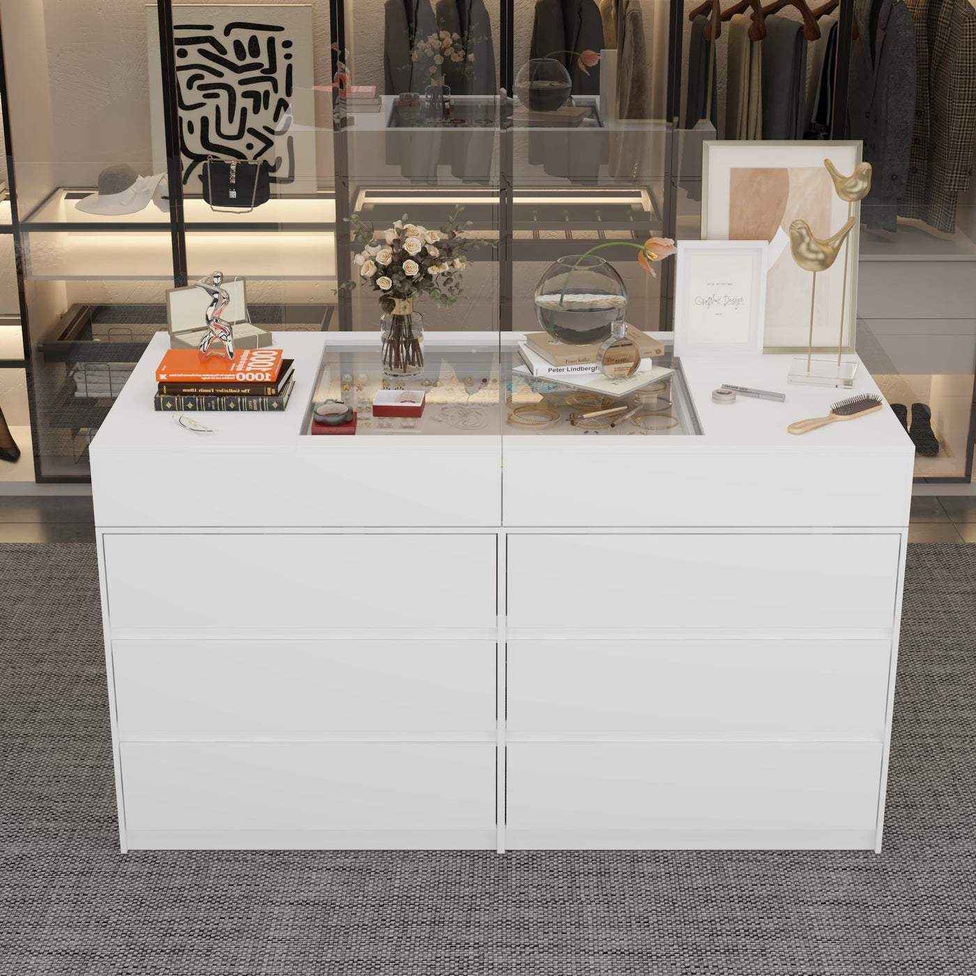 63" Modern White 1-Shelf Chest With 12 Drawers And Tempered Glass Top