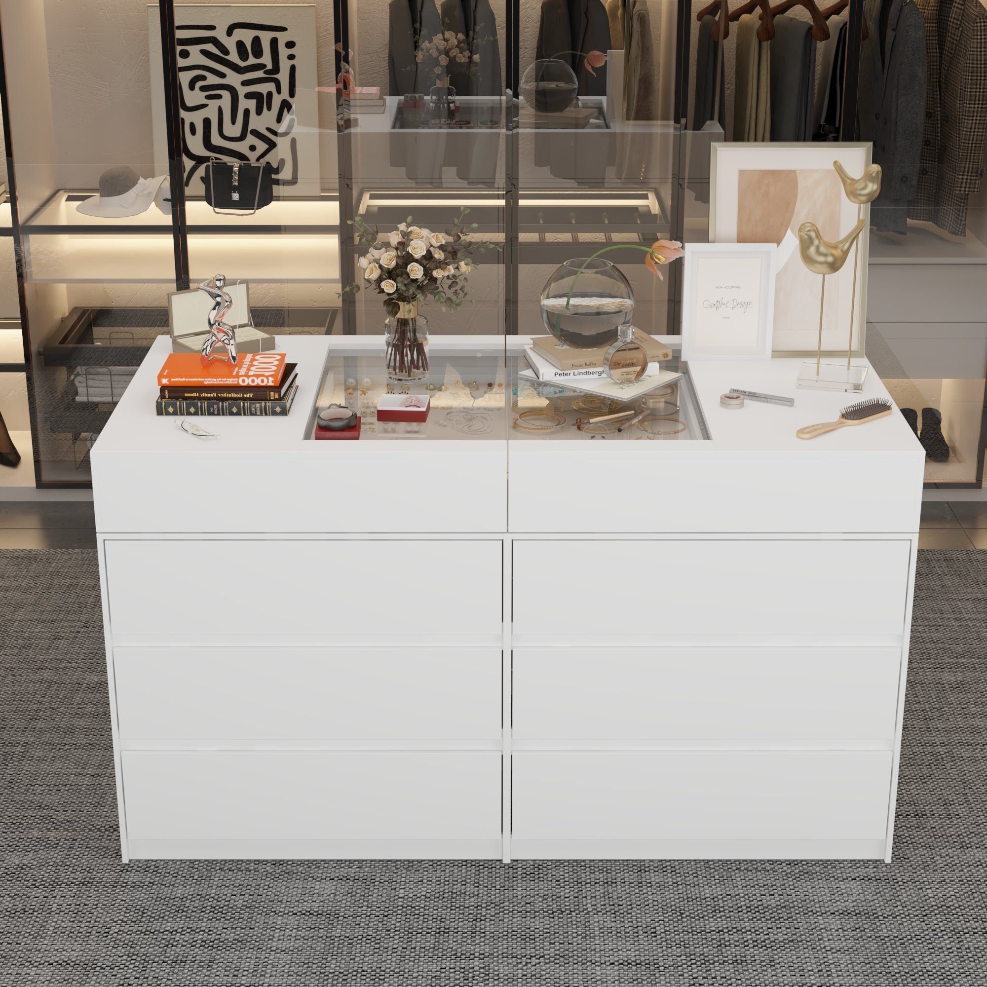 12-Drawer 1-Shelf Chest With Graceful Design And Tempered Glass Top