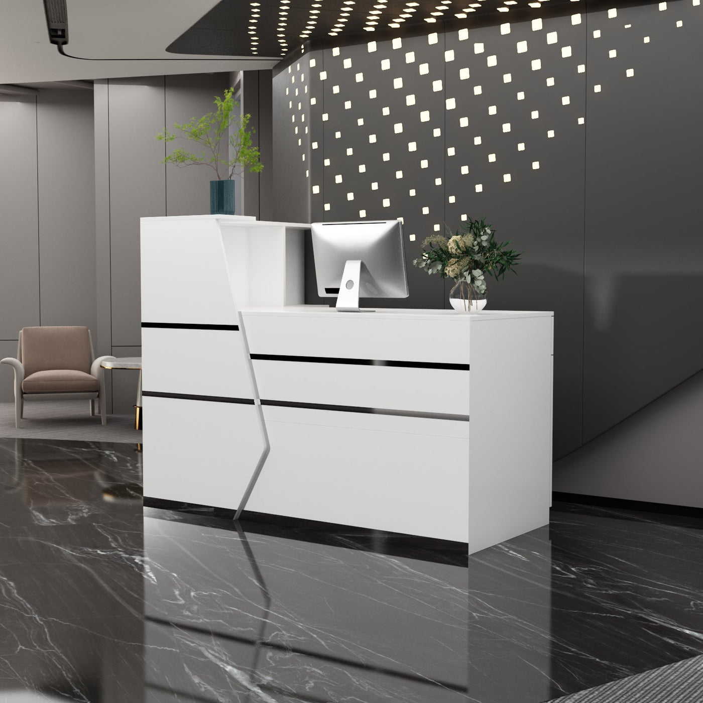 Reception Desk Front Counter Desk with Lockable Drawer & Bookshelf